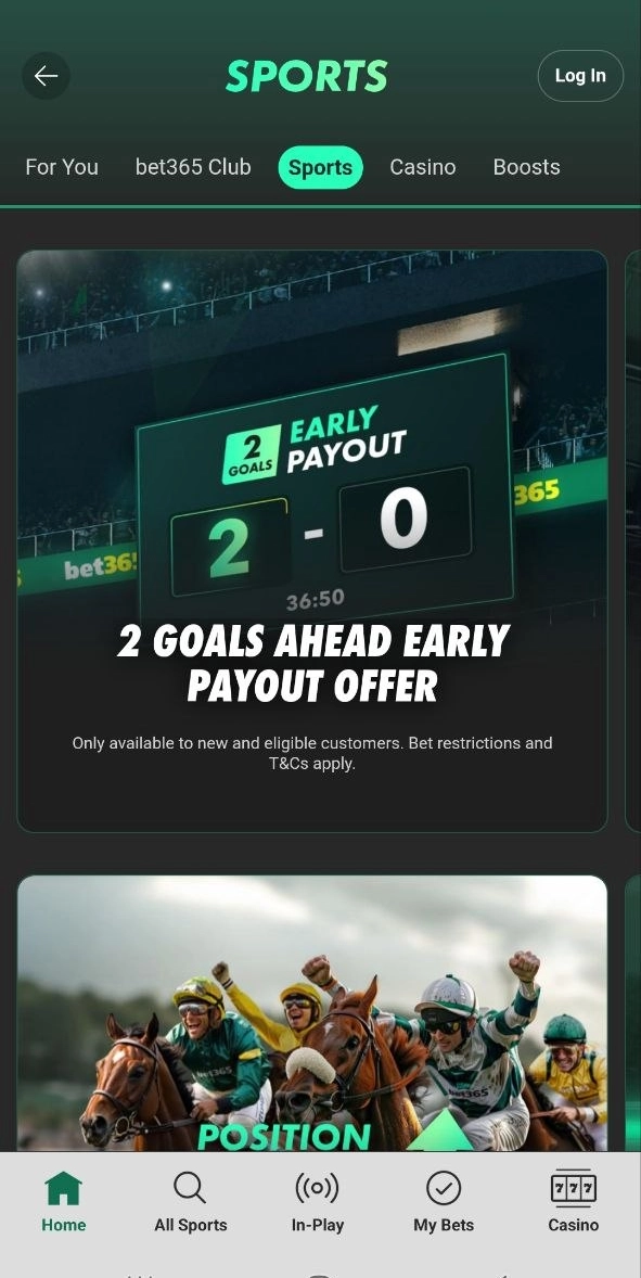 Página de bonos en la aplicación móvil Bet365