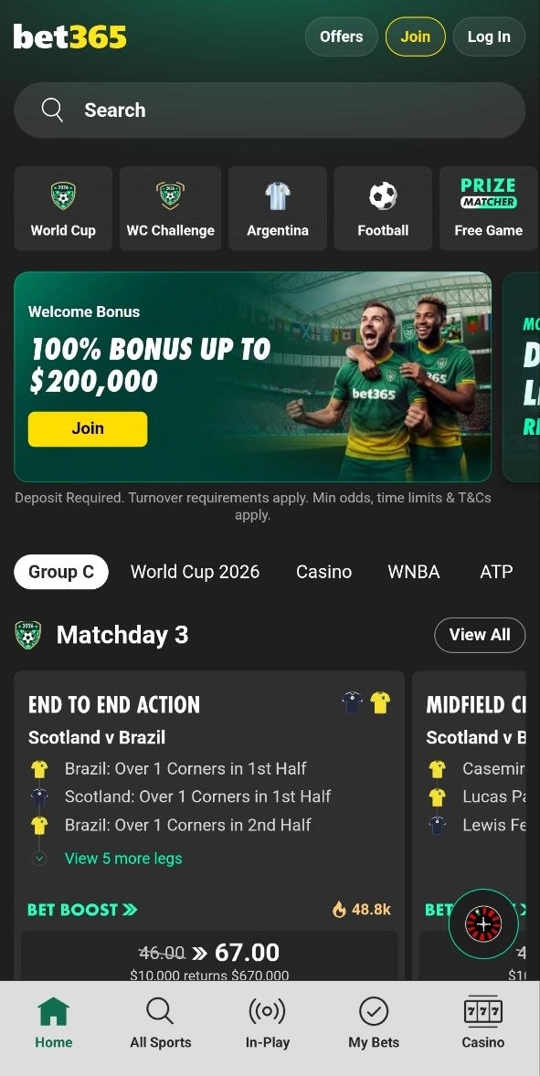 Pantalla principal de la aplicación móvil Bet365 Peru