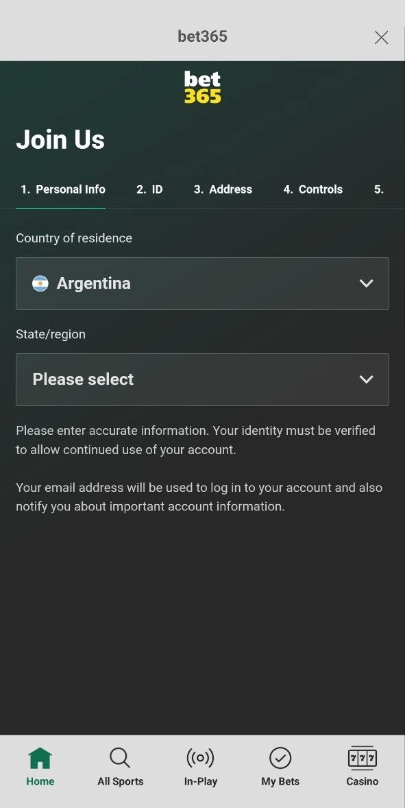 Página de registro en la aplicación