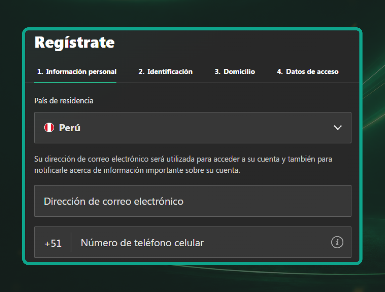País correo y celular